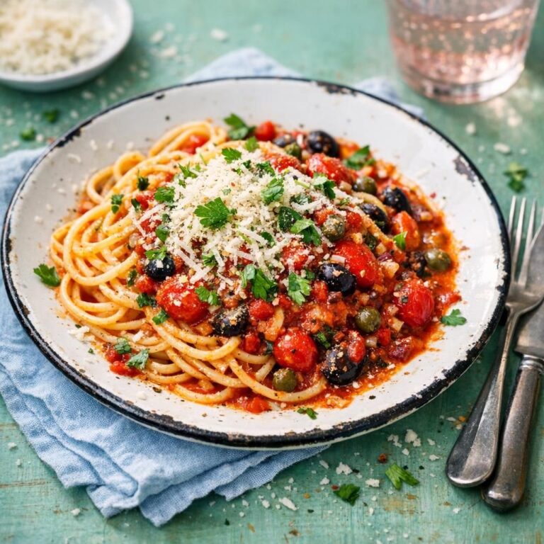Spaghetti alla Puttanesca med oliven, kapers, citronskal, persille og revet lagret ost