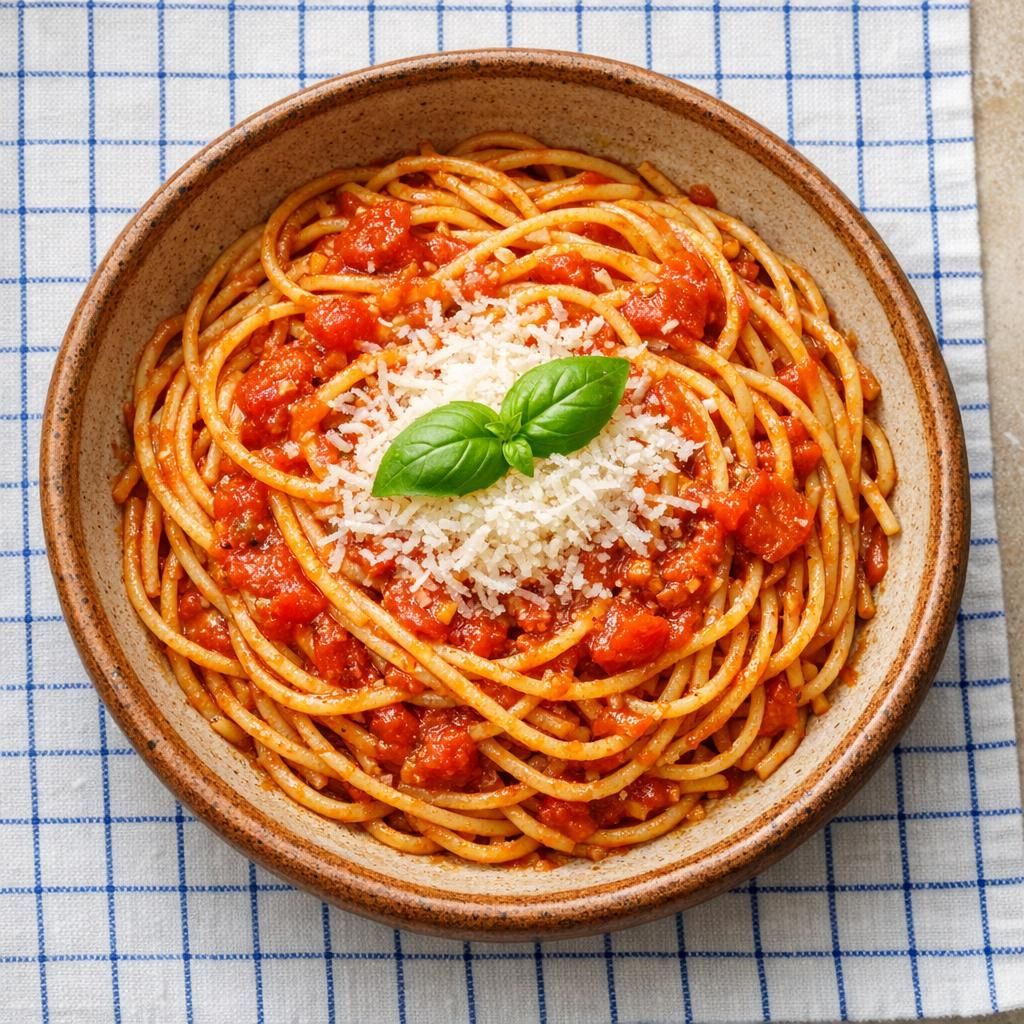 Spaghetti med enkel tomatsugo og parmesan