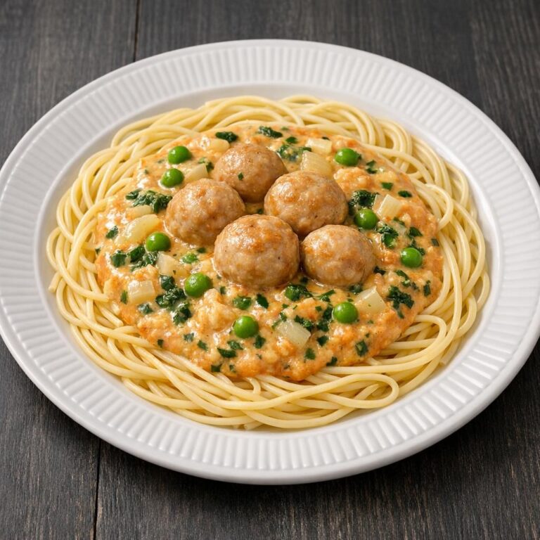 { "alt_text": "Spaghetti med kødboller i cremet grøntsagssauce med ærter, spinat og blomkål på hvid tallerken", "file_name": "spaghetti-med-kodboller-i-cremet-grontsagssauce-4729" }
