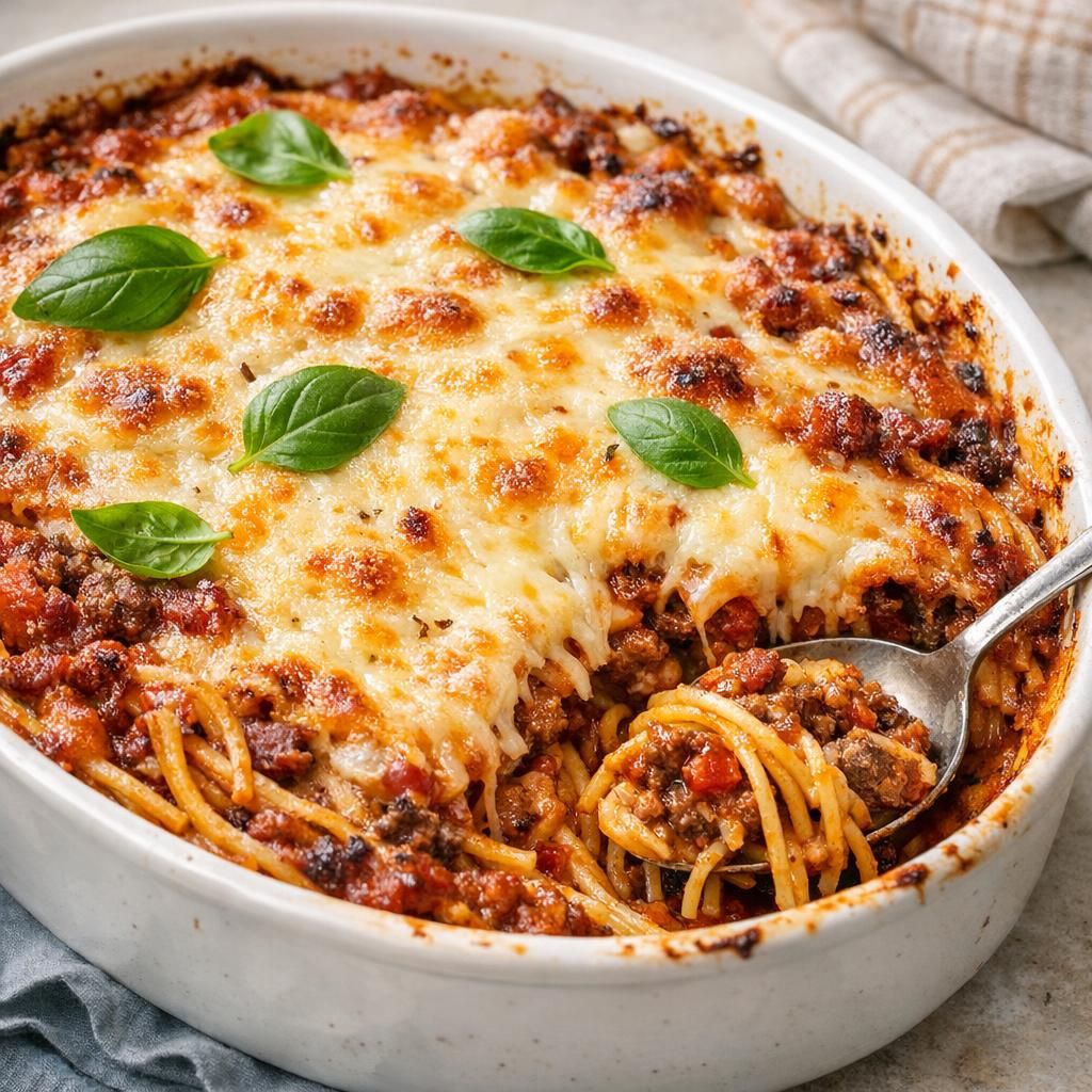 Spaghettifad med oksekød, bacon og ost