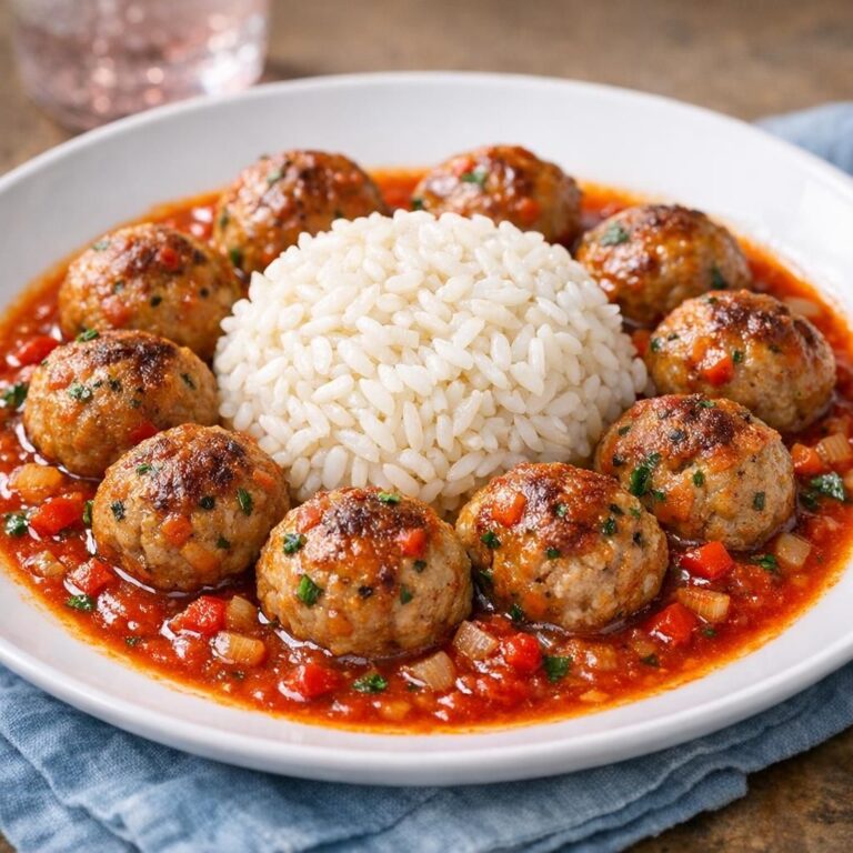 { "alt_text": "Spanske kødboller i rød tomatsauce med løg, urter og rød peber omkring hvid ris på hvid tallerken, set fra let skrå vinkel", "file_name": "spanske-kodboller-i-tomatsauce-med-ris-7392" }