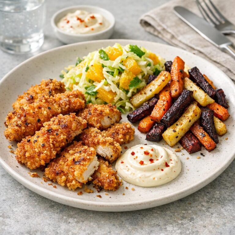 { "alt_text": "Sprød cajunkylling i panko med rodfrugtfritter og mynte-appelsinsalat samt en lille hvid chilisauce på hvid tallerken, set skråt oppefra", "file_name": "sprod-cajunkylling-med-mynte-appelsinsalat-4928" }