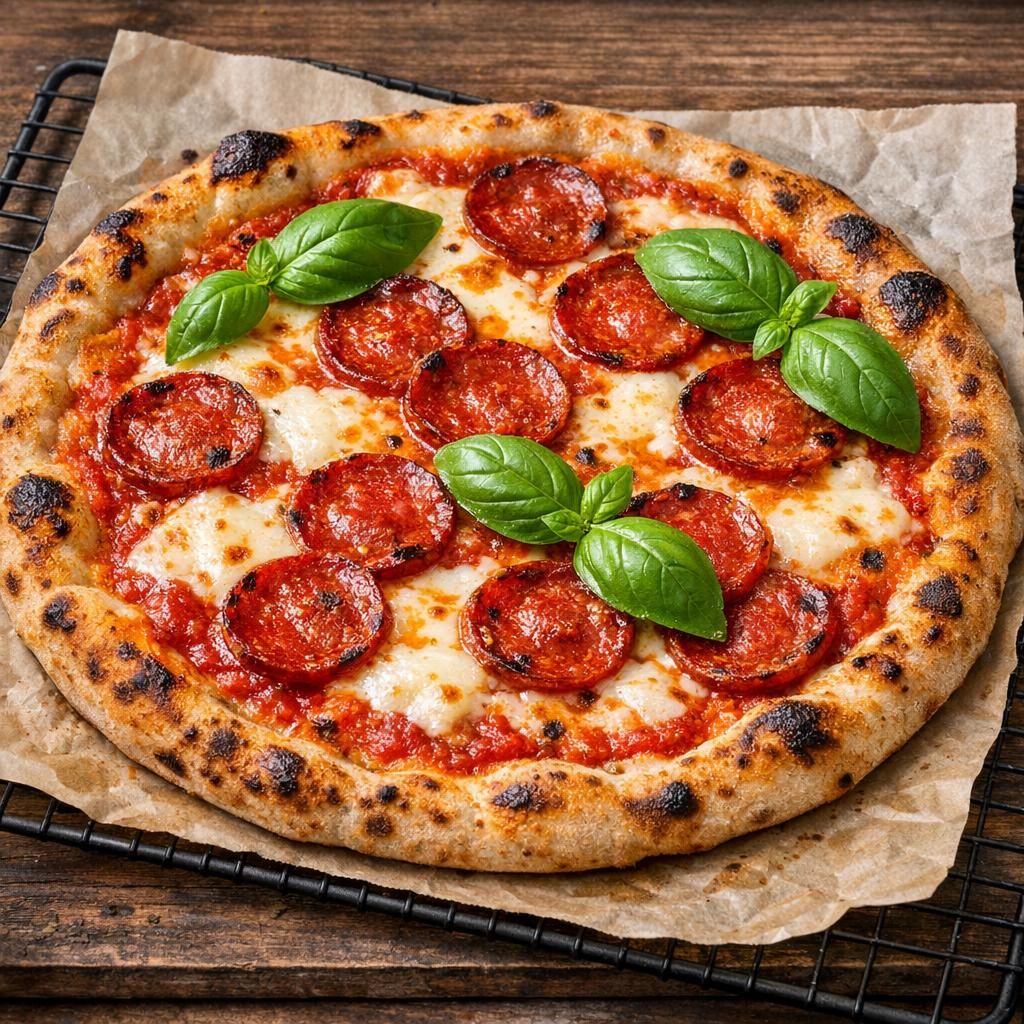 Sprød pizza med pepperoni og mozzarella
