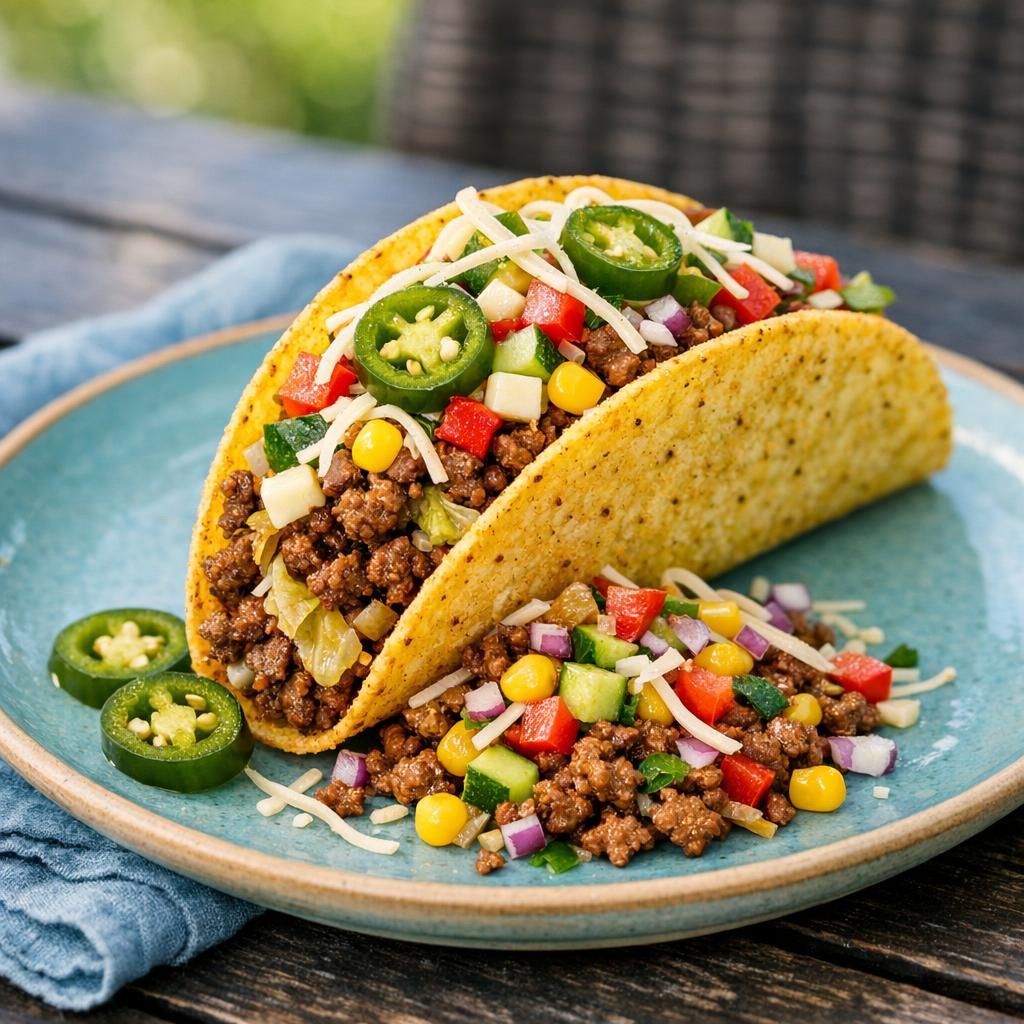 Sprøde tacoskaller med krydret oksekød, spidskål og jalapenos