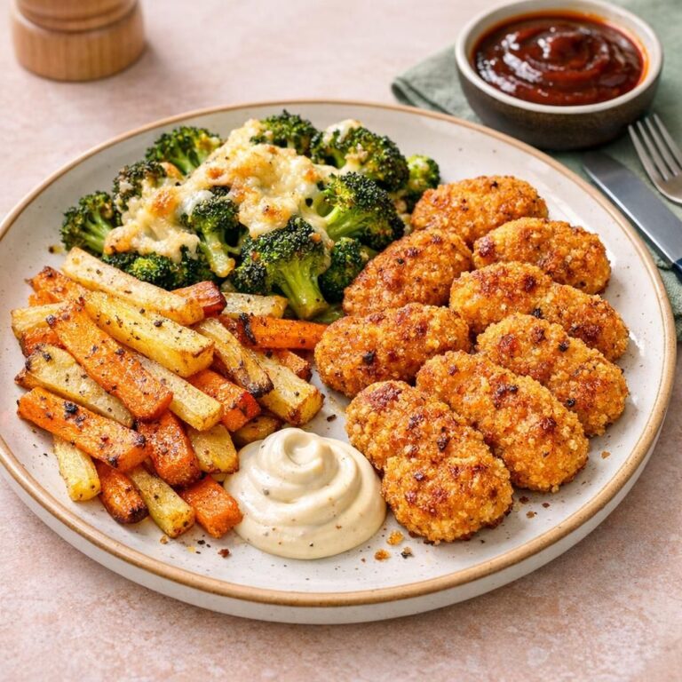 { "alt_text": "Overhead-billede af sprøde veggie nuggets med kartoffel- og gulerodsfritter, broccoli med smeltet ost og rødbrun BBQ-dip på hvid tallerken", "file_name": "sproede-veggie-nuggets-med-kartoffel-og-gulerodsfritter-broccoli-med-smeltet-ost-og-bbq-dip-3842" }