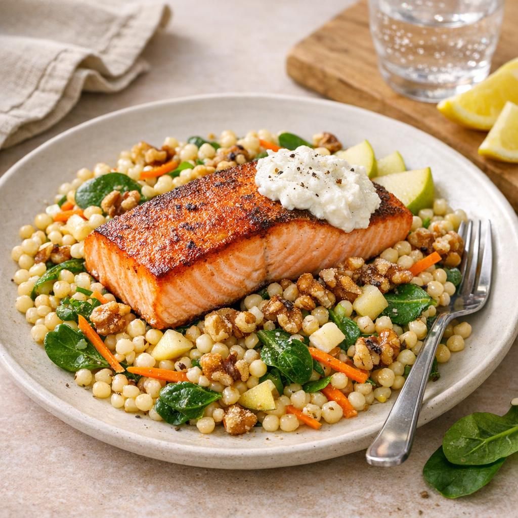 Stegt laks og perlecouscoussalat med ristede valnødder og gedeostecreme