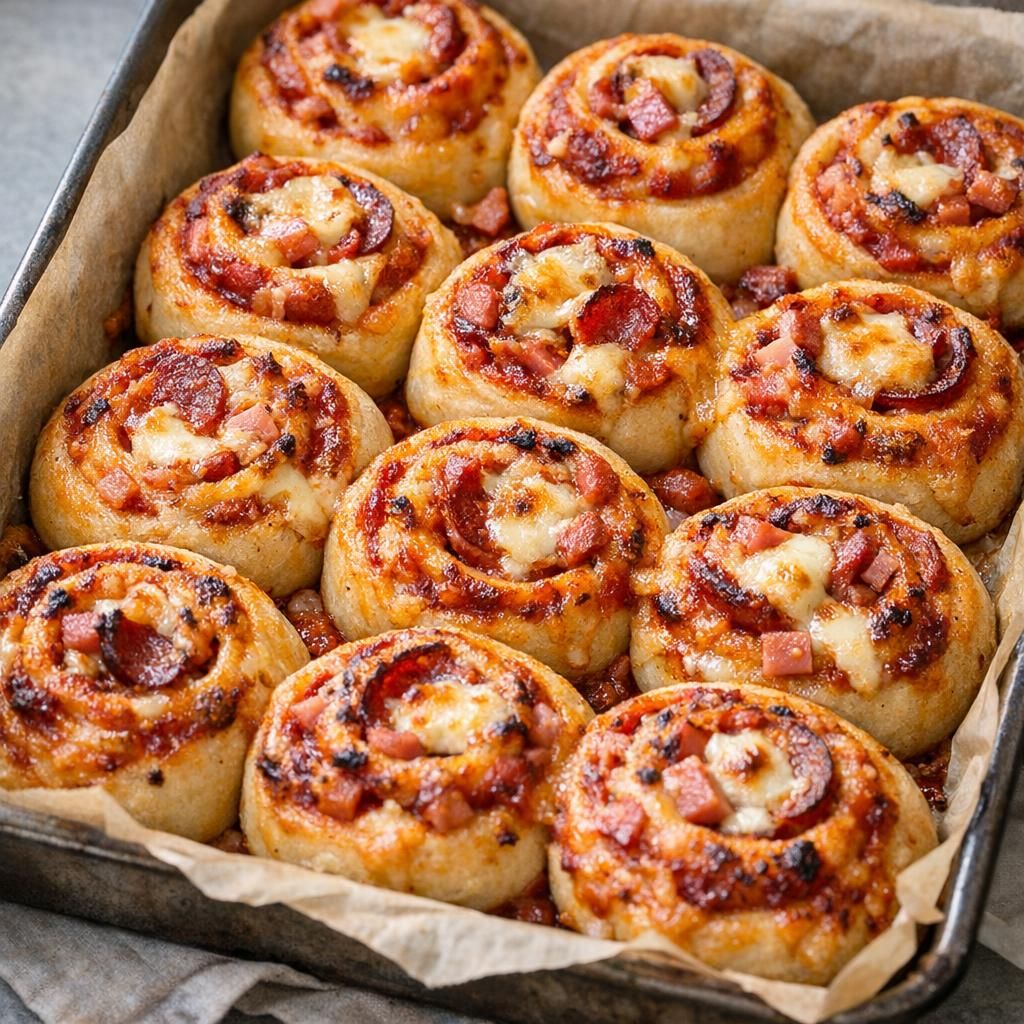 Store, bløde pizzasnegle med skinke og pepperoni