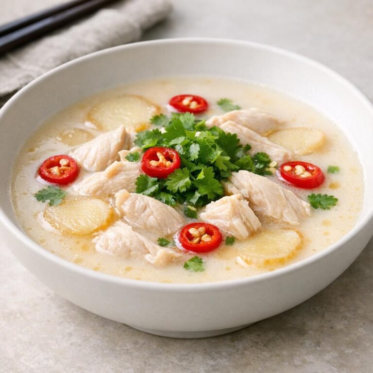 Skål med Tom Kha Gai, cremet kokos-suppe med kylling, skiver af galangal, rød chili og frisk koriander