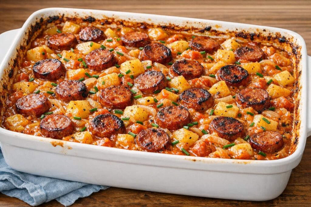 Svensk pølseret i ovn (med kartofler, løg og pølser)