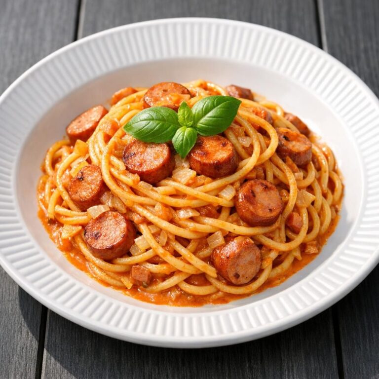 { "alt_text": "Svensk pølseret med pasta: spaghetti i cremet orange-rød sauce med små pølseterninger og løg i en lav hvid skål", "file_name": "svensk-polseret-med-pasta-4832" }