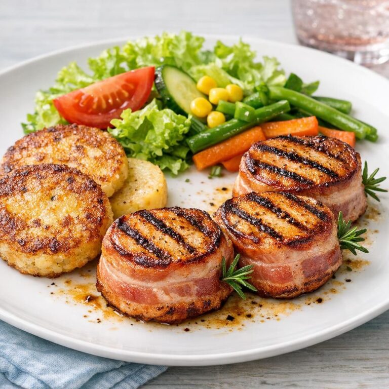 { "alt_text": "Tre baconomviklede svinemedaljoner med rosmarin og sennepsglaze, serveret med kogte kartofler, grønne bønner og gulerødder på hvid tallerken", "file_name": "svinemedaljon-med-gront-og-kartofler-5637" }