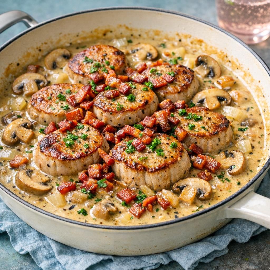 Svinemørbrad i cremet flødesauce med champignon og bacon