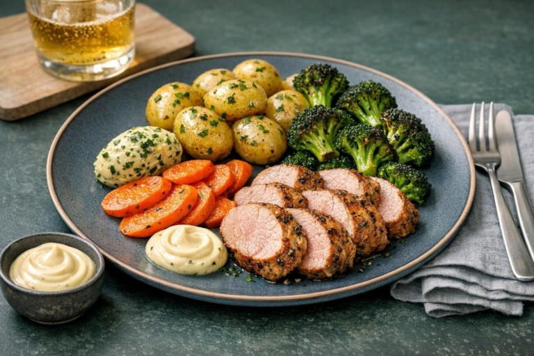 { "alt_text": "Skåret svinemørbrad med hvidløg, smørglaserede kartofler, ovnbagt broccoli og gulerødder samt en klat aioli på hvid tallerken", "file_name": "svinemorbrad-med-hvidlog-kartofler-og-ovnbagt-broccoli-4827" }