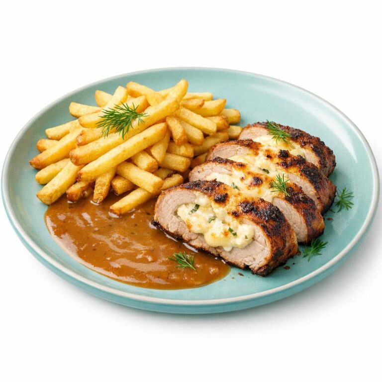 { "alt_text": "Svinemørbrad skåret op og fyldt med smeltet ost på metalbageplade, let gylden med saft omkring; i baggrunden ses pommes frites på en anden bakke", "file_name": "svinemorbrad-med-ostefyld-pommes-frites-og-opbagt-sauce-739" }