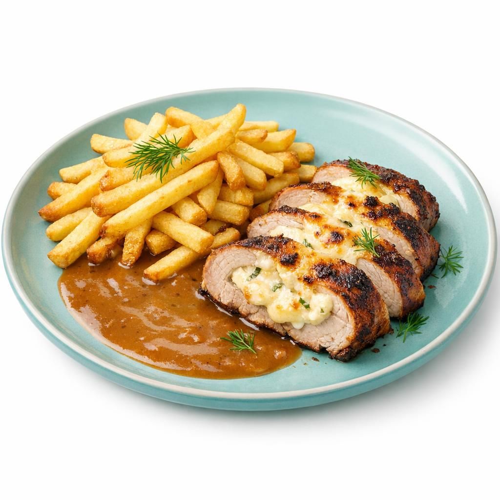 Svinemørbrad med ostefyld, pommes frites og opbagt sauce