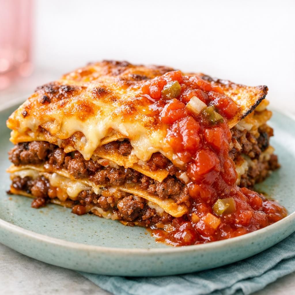 Taco-lasagne med sprøde tortillachips og salsa