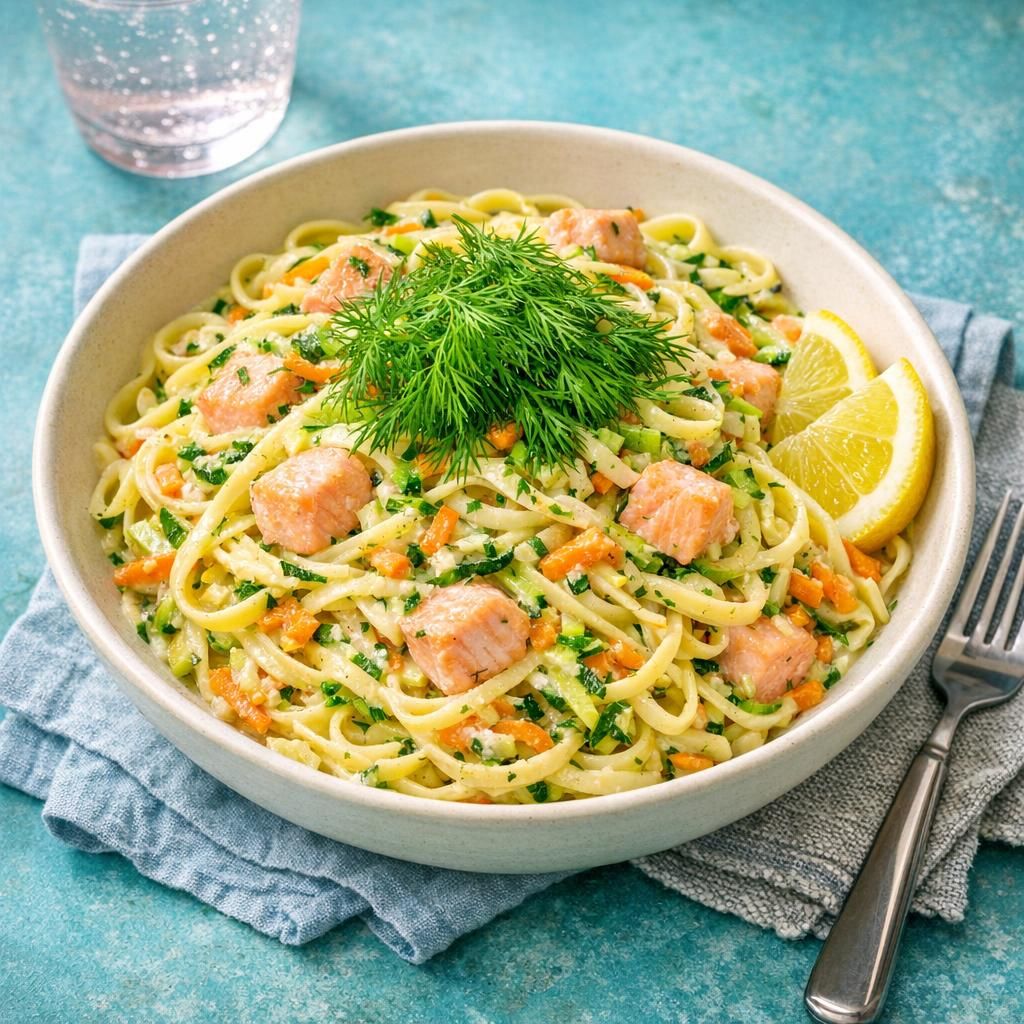 Tagliolini med laks, zucchini, gulerod & dild