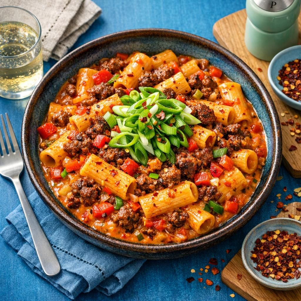 Tex Mex-inspireret oksekødspasta med krydret flødesauce og frisk forårsløg