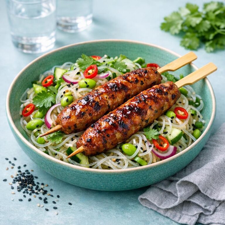 { "alt_text": "Thaikrydrede kød- og reje-frikadeller på bambusspyd med glasnudelsalat, edamame, agurk, rødløg, koriander, chili og sorte sesamfrø på hvidt fad", "file_name": "thaikrydrede-koed-og-rejsefrikadeller-med-glasnudelsalat-4387" }