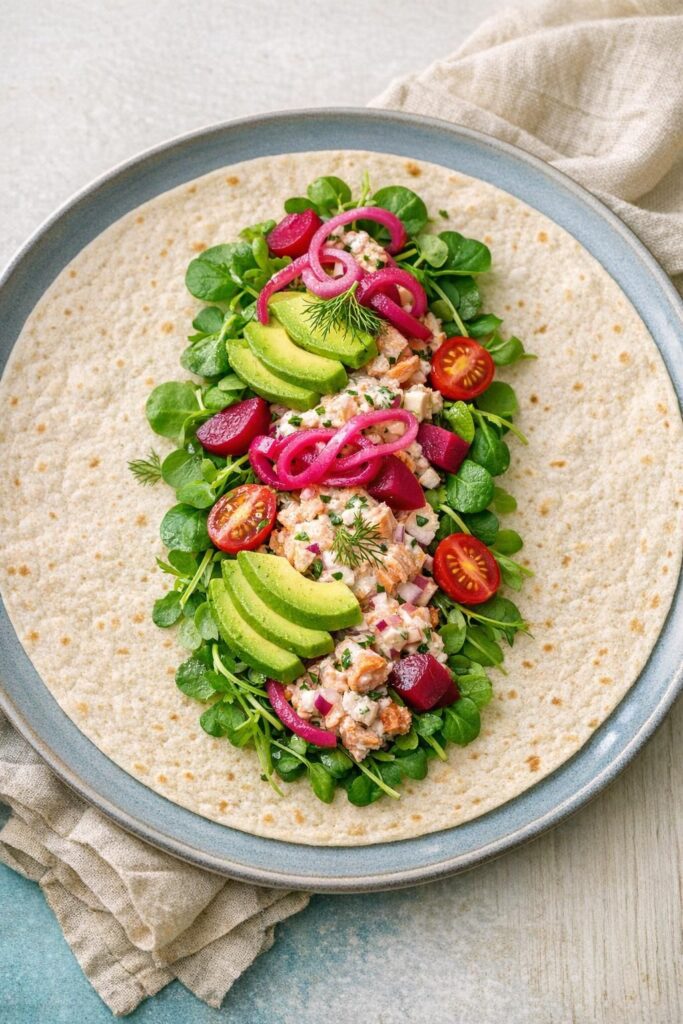 Tortilla-wraps med varmrøget laks og avocado