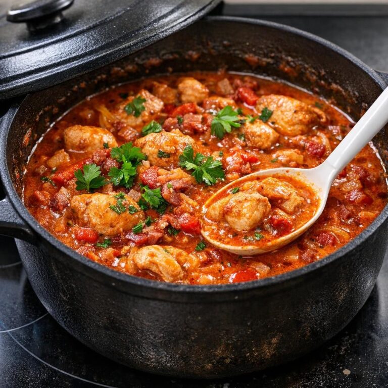 Ungarsk kylling (chicken paprikash) med møre kyllingestykker i cremet paprikasauce med bacon, løg og rød peber