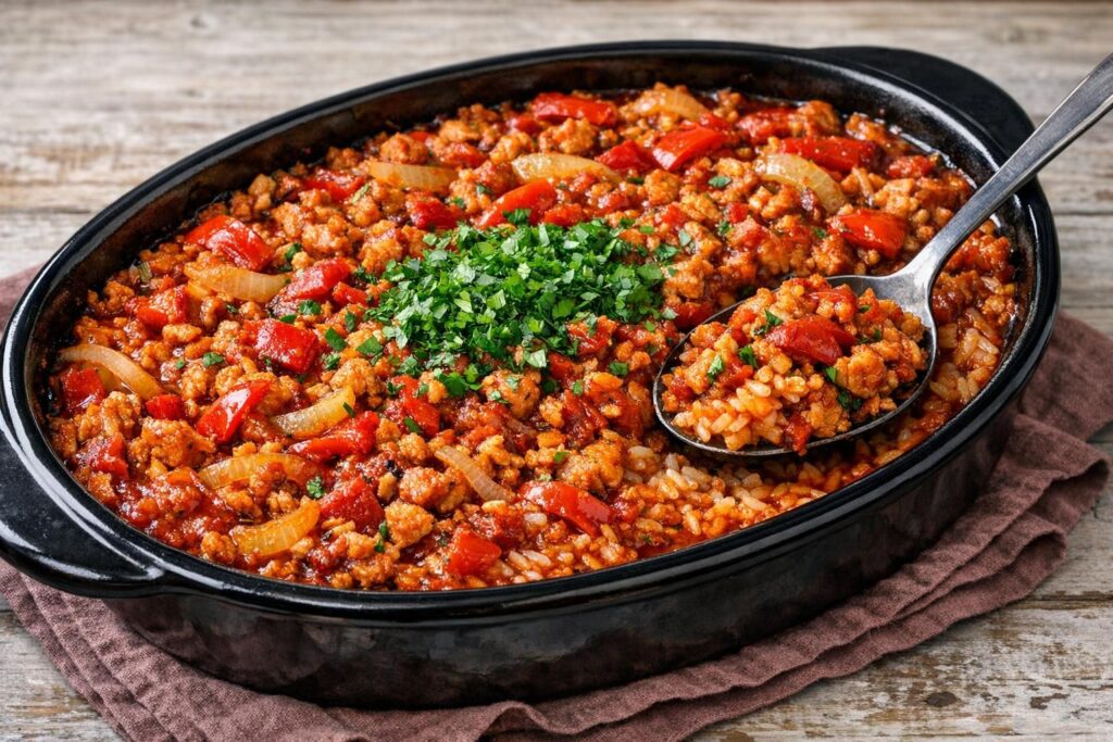 Ungarsk kyllingefad med ris og paprika