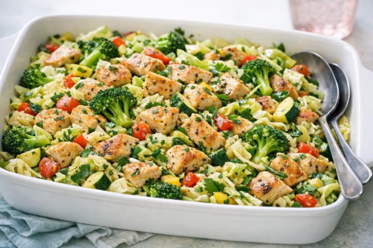 Varm kyllingesalat med stegte kyllingestykker, broccoli, squash, tomater og spidskål, frisket op med citron og urter