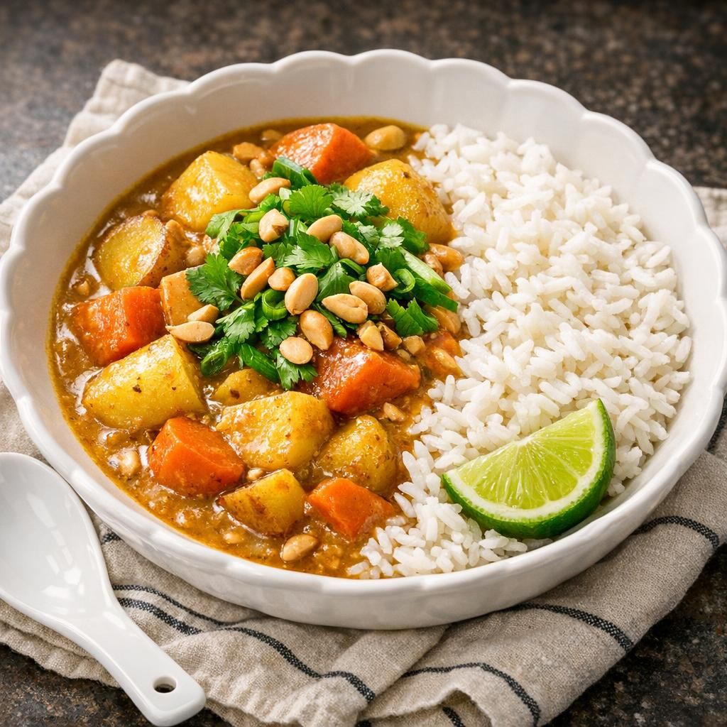 Vegetarisk Massaman curry med kartofler og peanuts