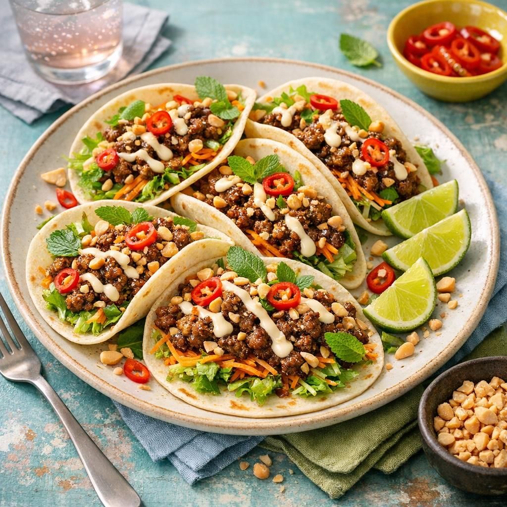 Vietnamesisk inspirerede tacos med oksekød, mayodressing & peanuts