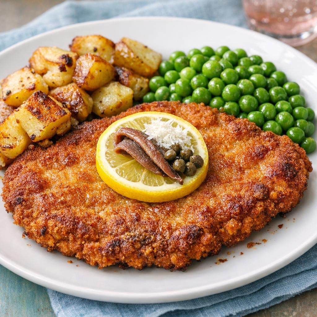 Wienerschnitzel med brasede kartofler og grønne ærter