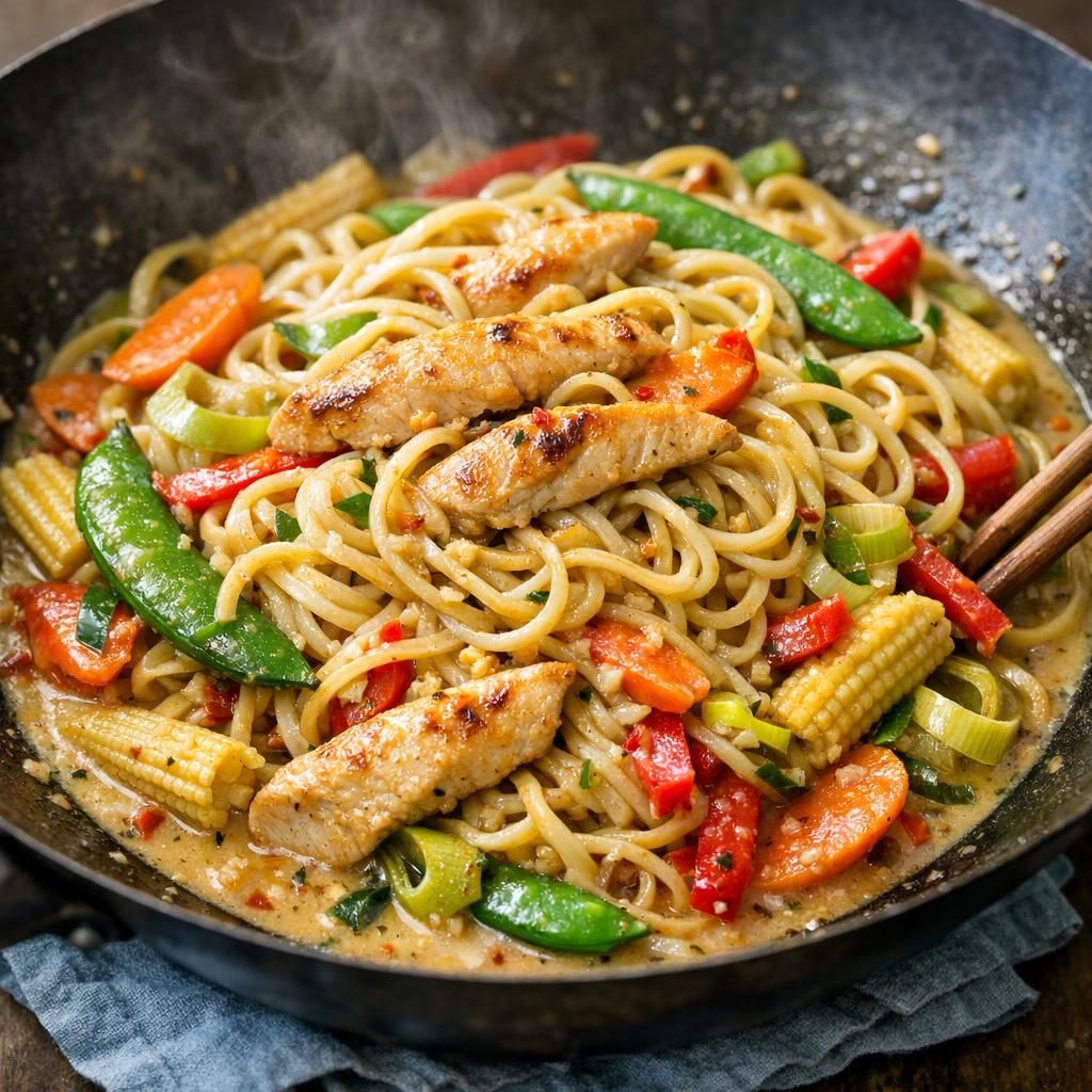 Wok med kylling, kokosmælk og nudler