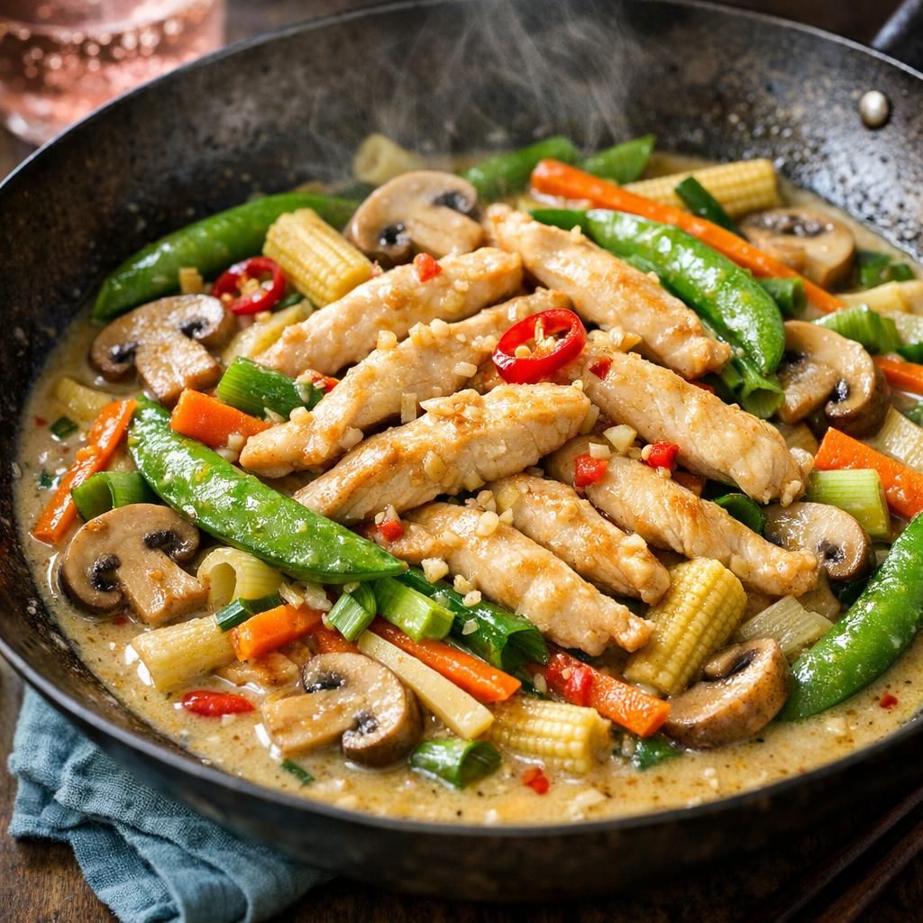 Wok med kyllingestrimler og kokosmælk