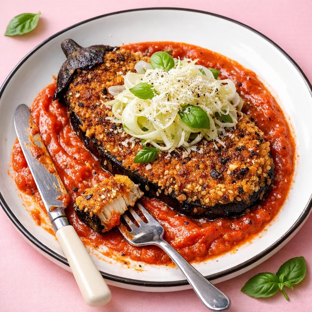 Aubergine-schnitzel med krydret tomatsauce og syltet fennikel