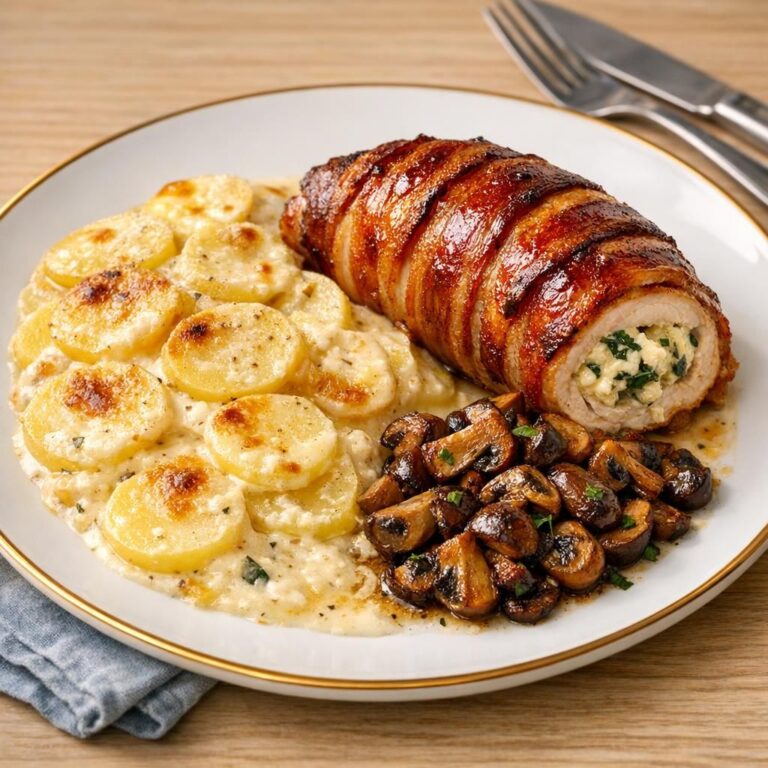 { "alt_text": "Baconsvøbt fyldkylling på flødekartofler med spinat-ostefyld og stegte champignoner", "file_name": "baconsvobt-fyldkylling-med-flodekartofler-og-svampe-4387" }