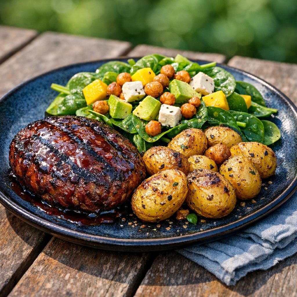 BBQ-hakkebøffer med grillede kartofler og spinatsalat