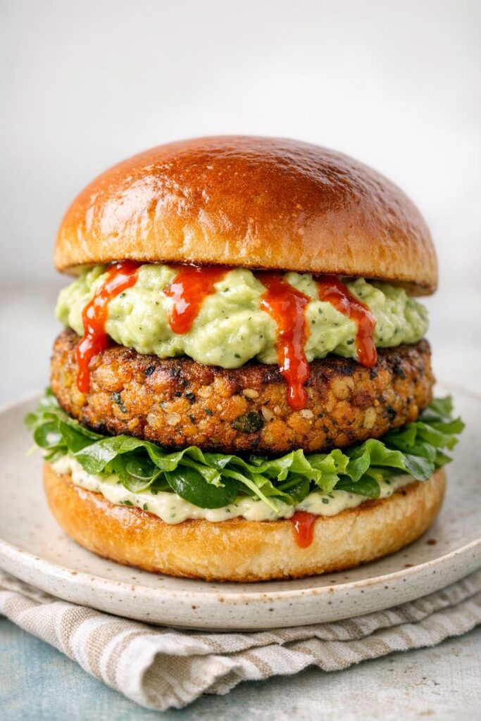 Burger med linsebøf, avocadocreme og chilimayo