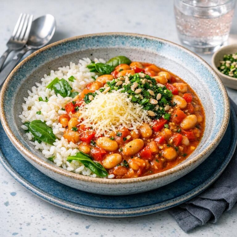 { "alt_text": "Hvid skål med ris og cremet tomat-cannellinibønnegryde, toppet med fintrevet ost, persille-gremolata og solsikkekerner", "file_name": "cannelliniboennegryde-med-ris-gremolata-og-ost-5384" }