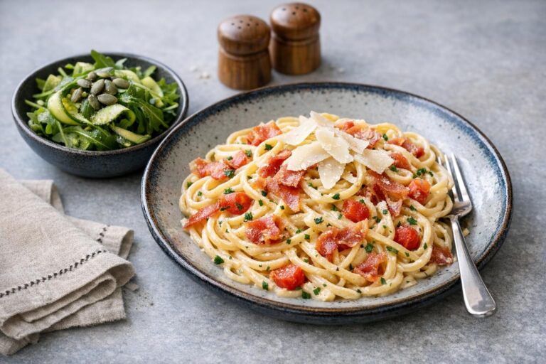 { "alt_text": "Cremet spaghetti med sprød prosciutto, tomat og rucolasalat med agurkestrimler, græskarkerner og osteflager.", "file_name": "cremet-pasta-med-prosciutto-tomat-og-rucolasalat-4273" }