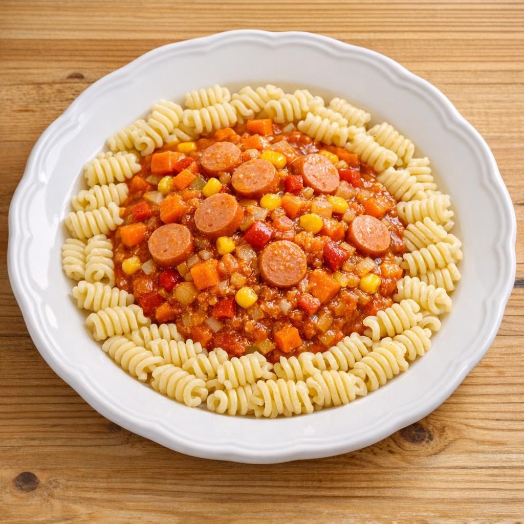 Cremet pastagryde med bacon og pølser