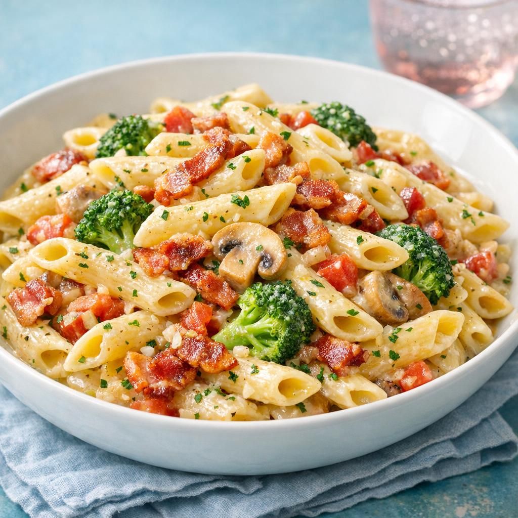 Cremet penne med bacon og grøntsager