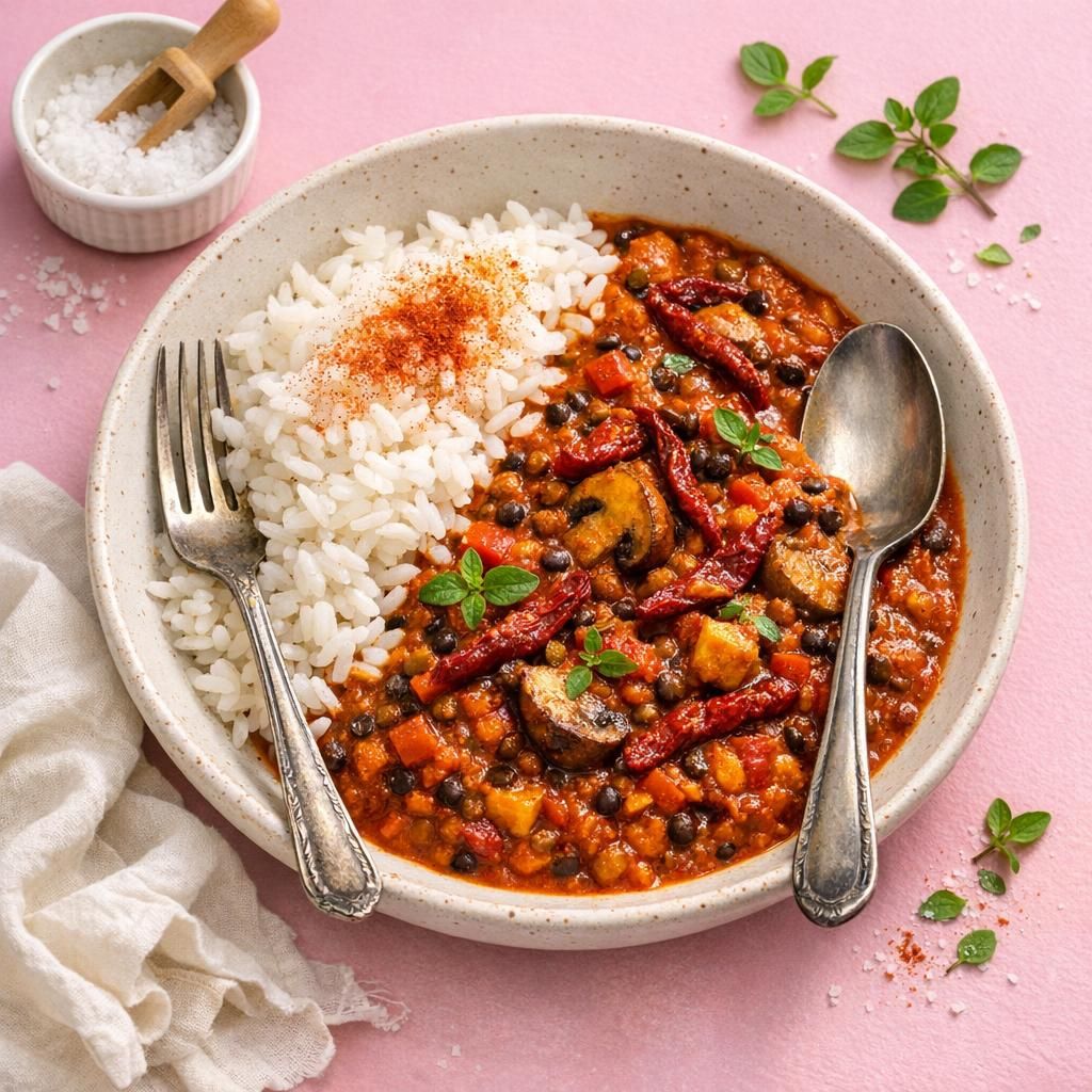 Cremet vegansk paprikagryde med linser og ris