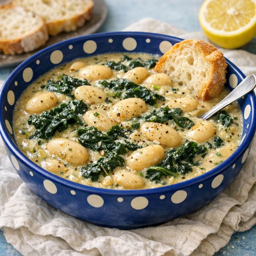 Cremet vegetargryde med palmekål og limabønner