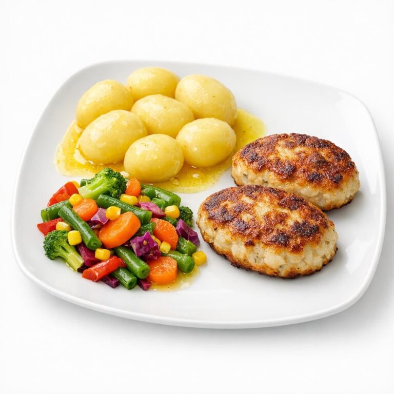 Fiskefrikadeller med kartofler, smør og kogte grøntsager