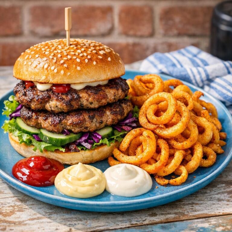 { "alt_text": "Nærbillede af frikadelleburger i let ristet bolle med rødkål, spinat, agurk og cremet sauce, serveret med gyldne curly fries på hvid tallerken", "file_name": "frikadelleburger-med-curly-fries-5382" }