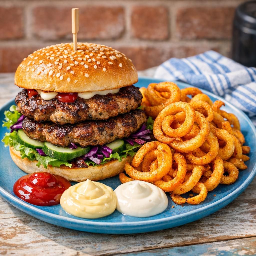 Frikadelleburger med curly fries