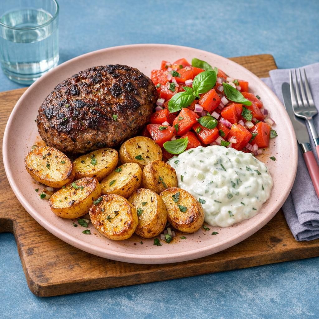Græske hakkebøffer med ovnkartofler og tzatziki