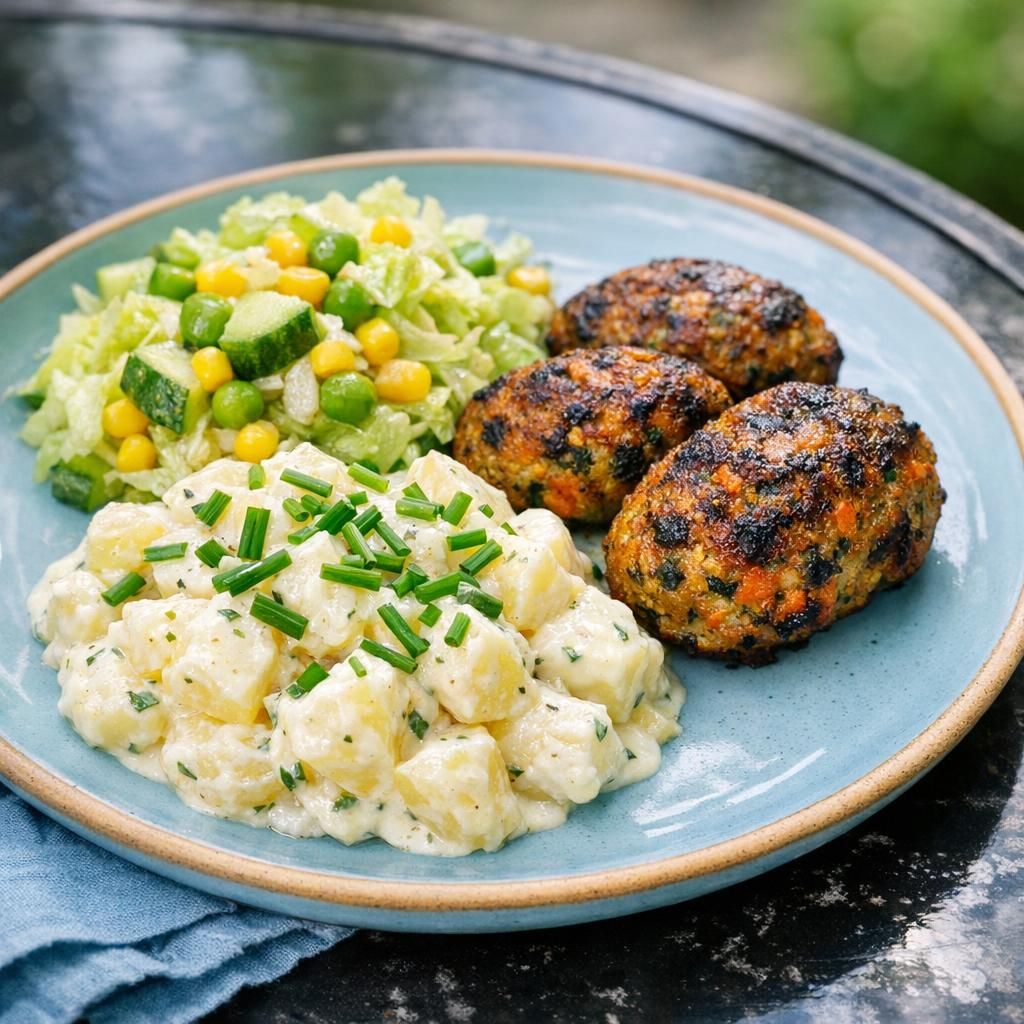 Grøntsagsfrikadeller med spinat, gulerod og kartoffelsalat