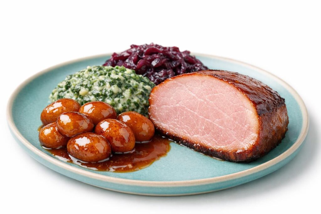 Hamburgerryg med glasur, grønlangkål og brunede kartofler