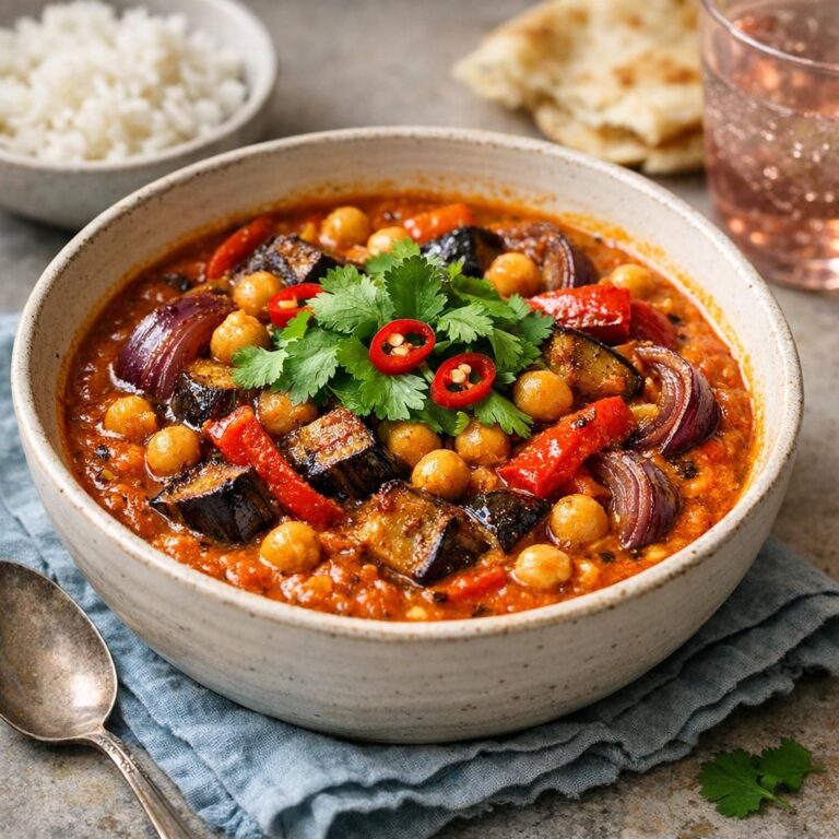 { "alt_text": "Indisk kikærtegryde i orange-rød kokos-tomatsauce med bagt aubergine, rød peber og rødløg, toppet med koriander og chili; ris og fladbrød i baggrunden", "file_name": "indisk-kikaertegryde-med-bagte-groentsager-4736" }