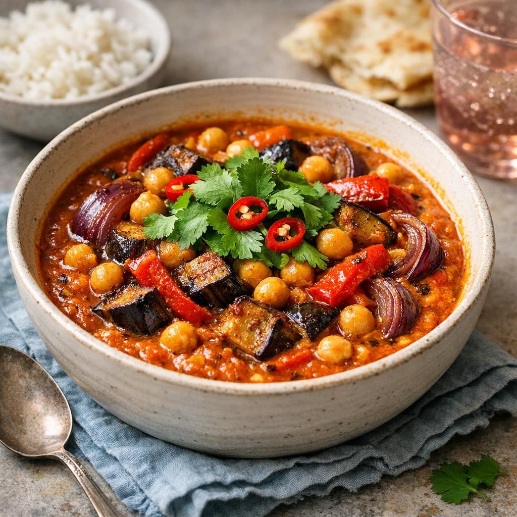 Indisk kikærtegryde med bagte grøntsager